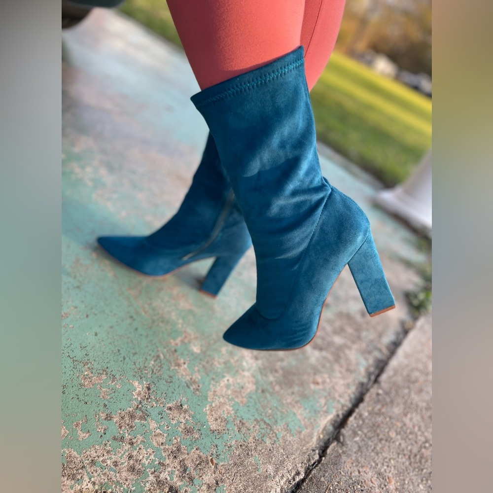"WORLD" Teal Suede Mid-Calf Booties